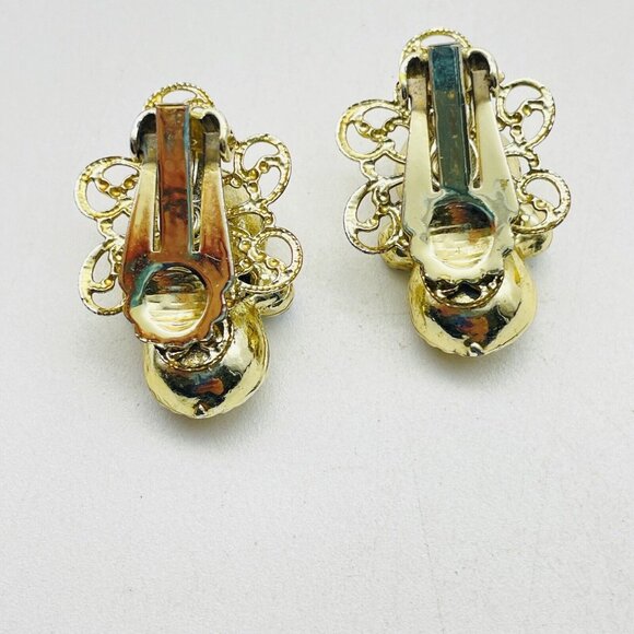 Filigree Faux Pearl Earrings Clip On Aurora Borealis Beads Gold Tone Glam Bling - Picture 2 of 10